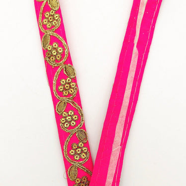 Fuchsia Pink Art Silk Trim with Gold Floral Embroidery and Gold Sequins Indian Sari Border Trim By 3 Yards Decorative Trim Craft Lace